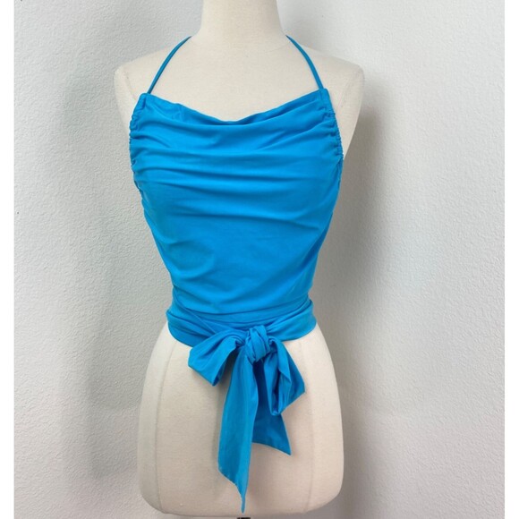 Peacock Blue Wrap Jersey Knit Halter Top Sm/Med Backless Boho Gypsy Coquette - Picture 1 of 8